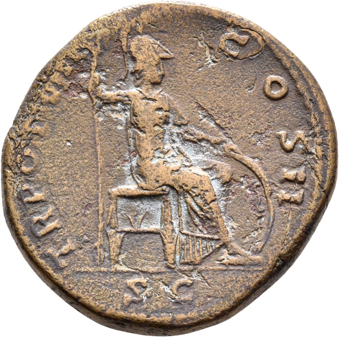 RIC III Antoninus Pius 1315 Antoninus Pius reverse, Minerva, helmeted, draped, seated right, holding vertical spear in rig...