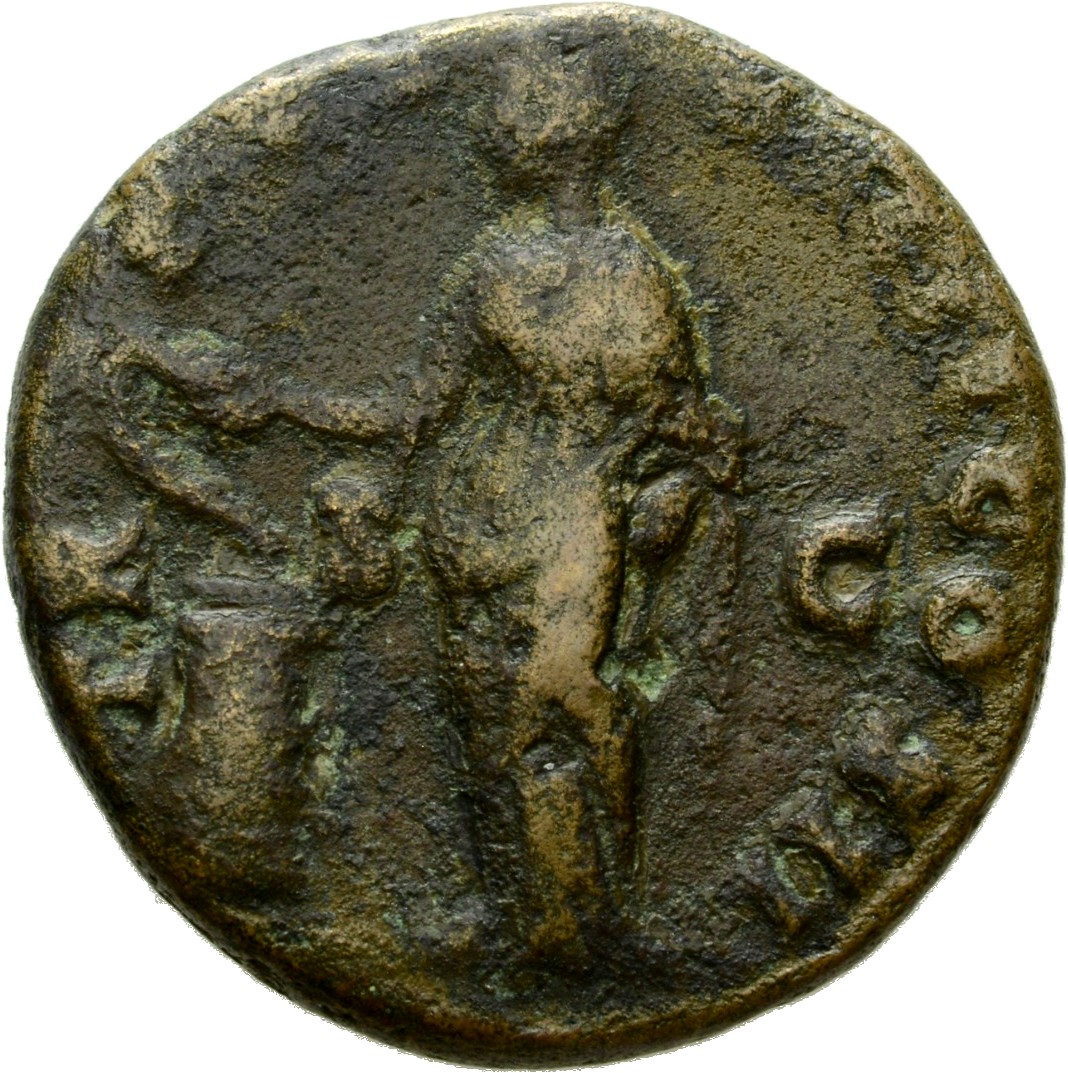 Antoninus Pius reverse — Salus, draped, standing, left, feeding out of patera in right hand snake coiled round altar left, left hand at side.