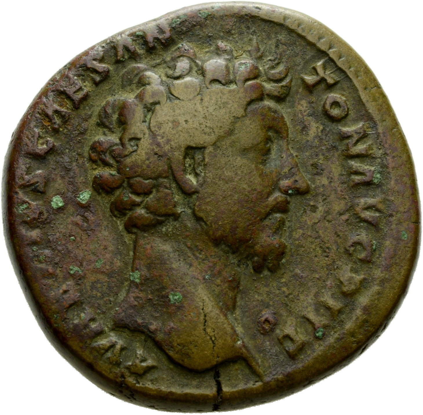 Antoninus Pius obverse — Head of Marcus Aurelius, bare, right