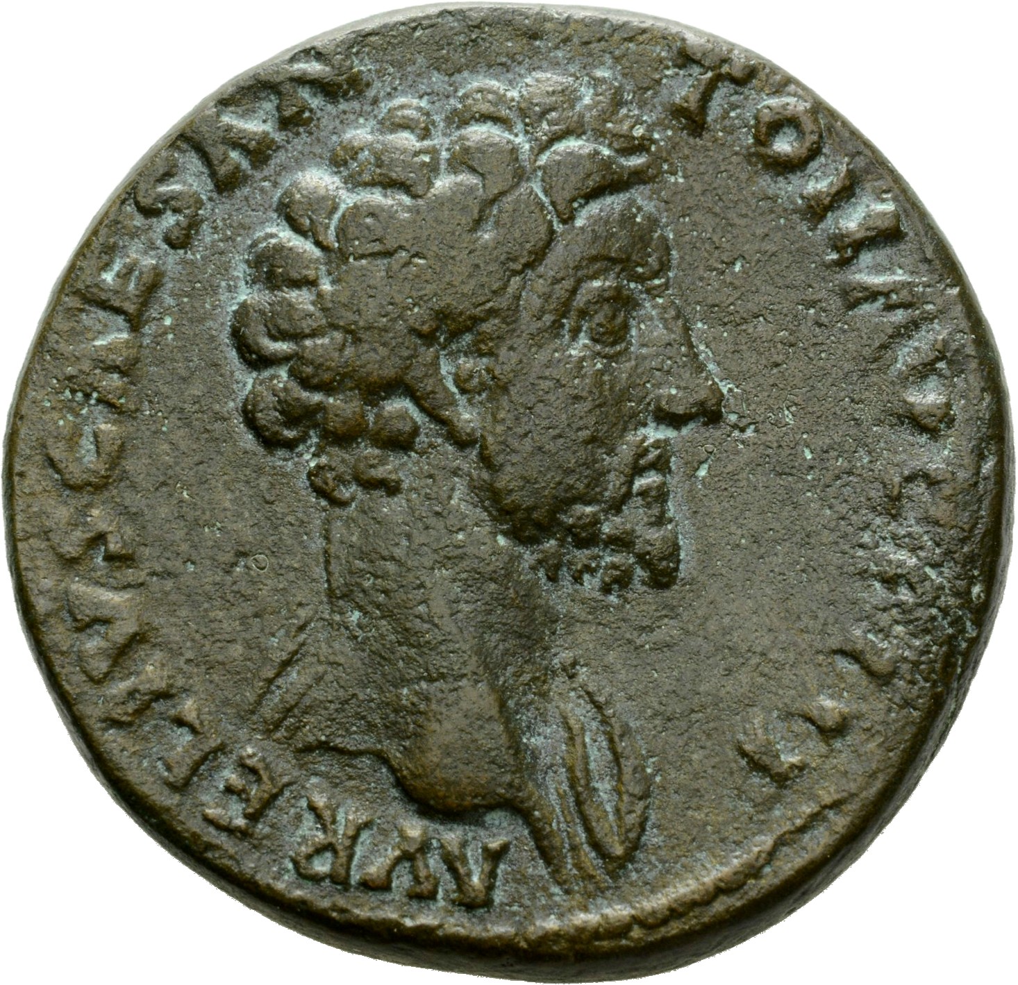 Antoninus Pius obverse — Head of Marcus Aurelius, bare, right