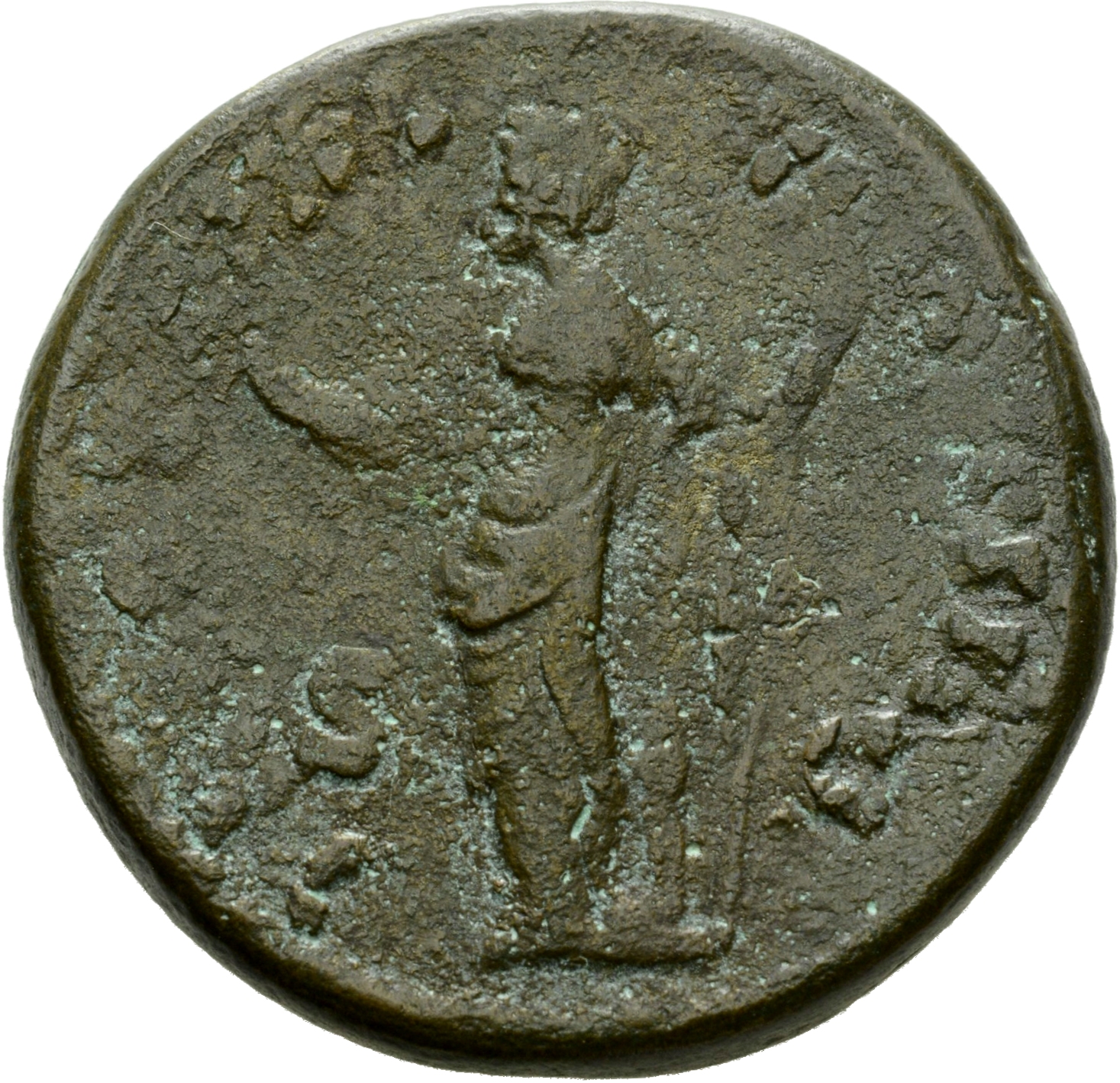 Antoninus Pius reverse — Felicitas, draped, standing left, holding up caduceus in right hand and vertical sceptre in left: Felicitas leans on column, right