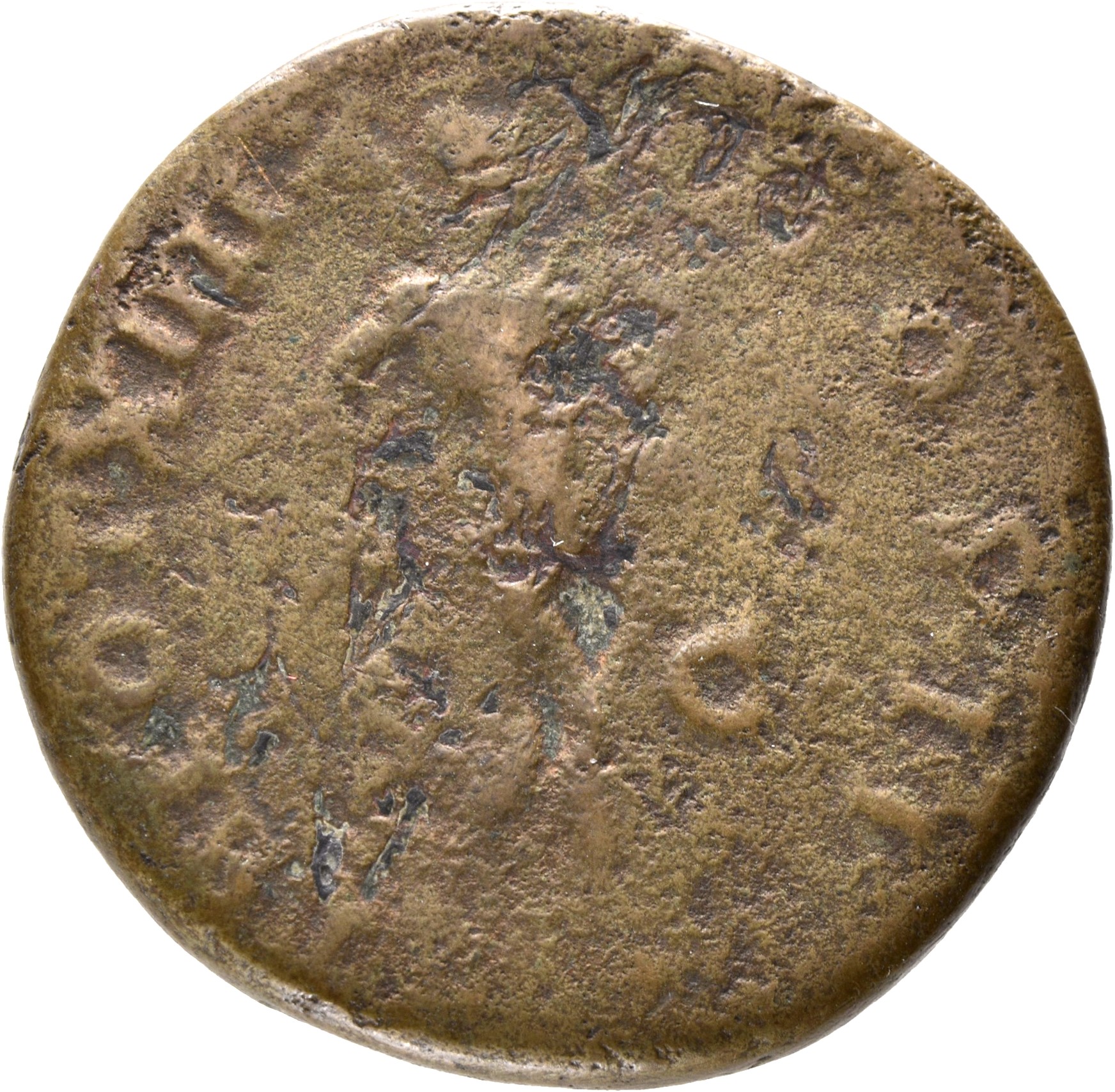 Antoninus Pius reverse — Mars, naked, except for cloak behind him, advancing right, holding transverse spear in right hand and trophy over left shoulder in left