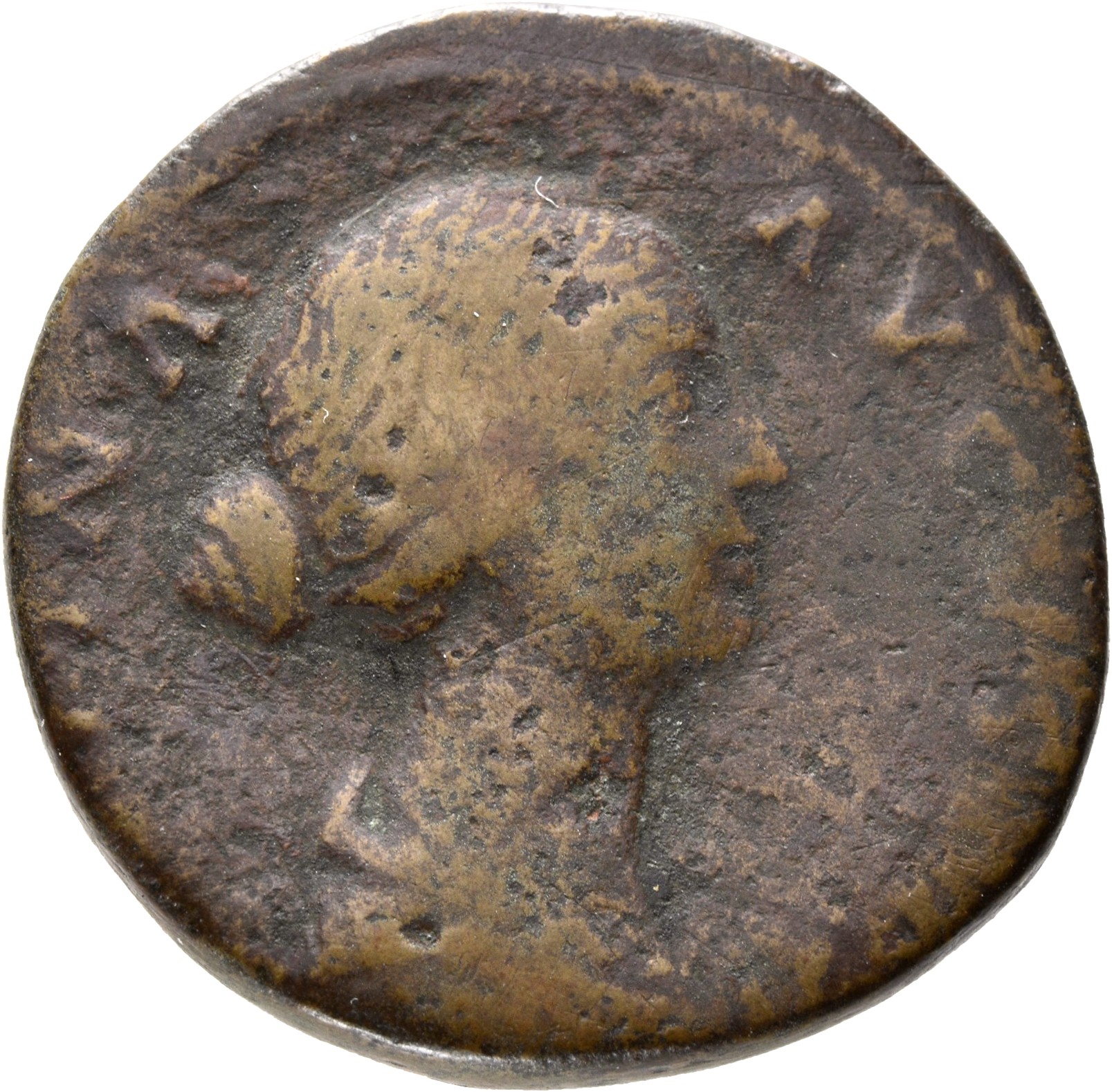 Antoninus Pius obverse — Bust of Faustina the Younger, draped, right, hair is elaborately dressed in horizontal lines with ringlets down front: it is coiled in a chignon on back of head.