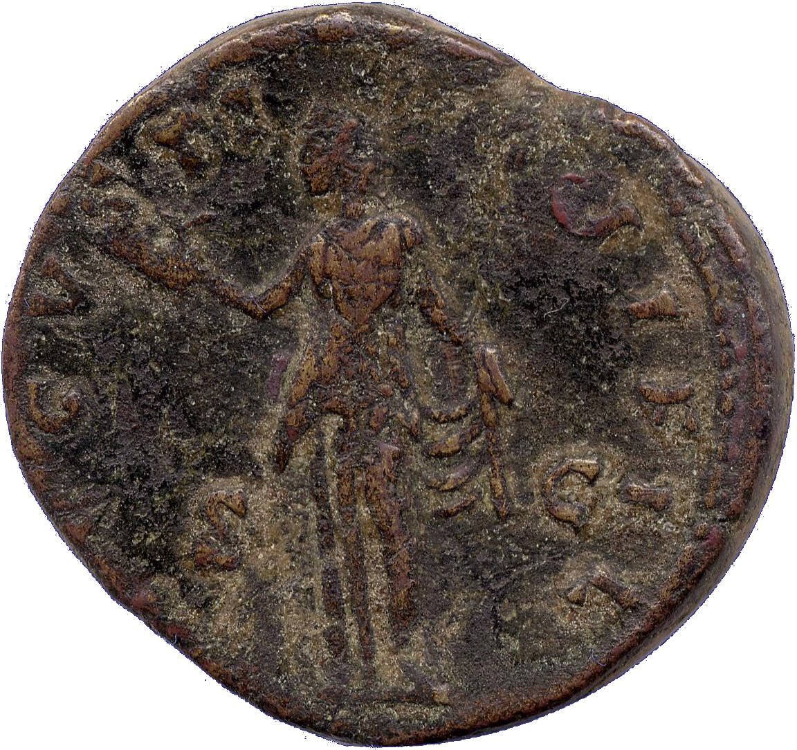 RIC III Antoninus Pius 1371 Antoninus Pius reverse, Spes, draped, standing front, head left, holding up flower-bud in righ...