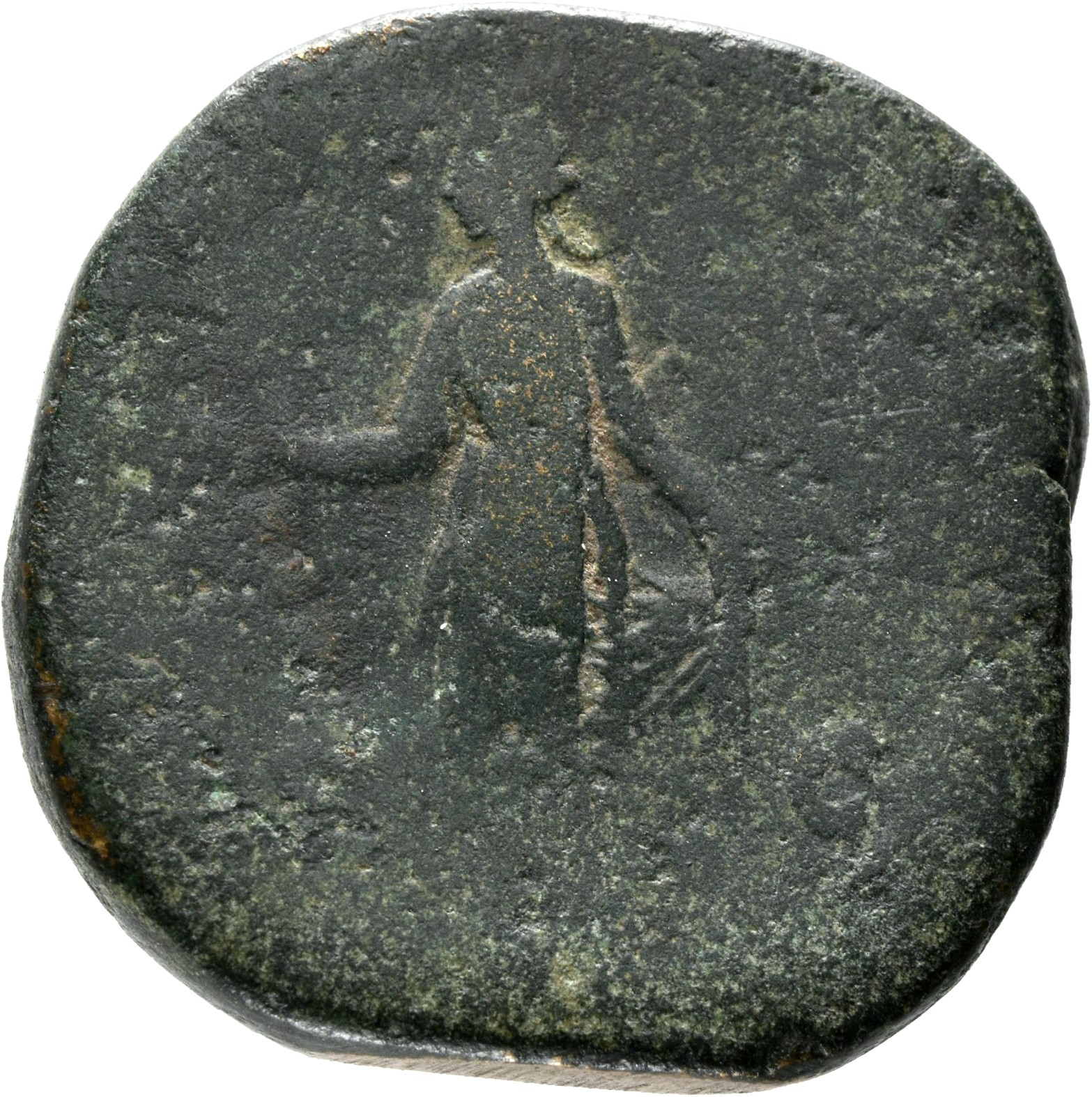 Antoninus Pius reverse — Spes, draped, standing front, head left, holding up flower-bud in right hand and gathering up fold of skirt in left