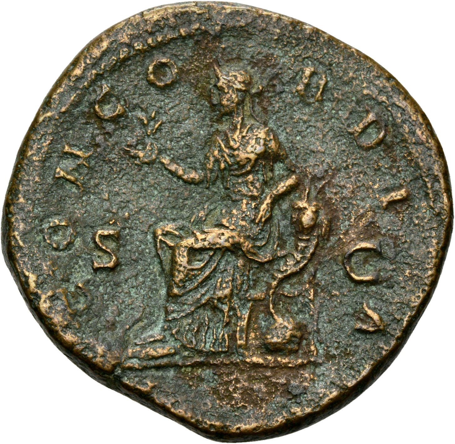 RIC III Antoninus Pius 1374A Antoninus Pius reverse, Concordia, seated left, holding flower and resting left elbow on chai...