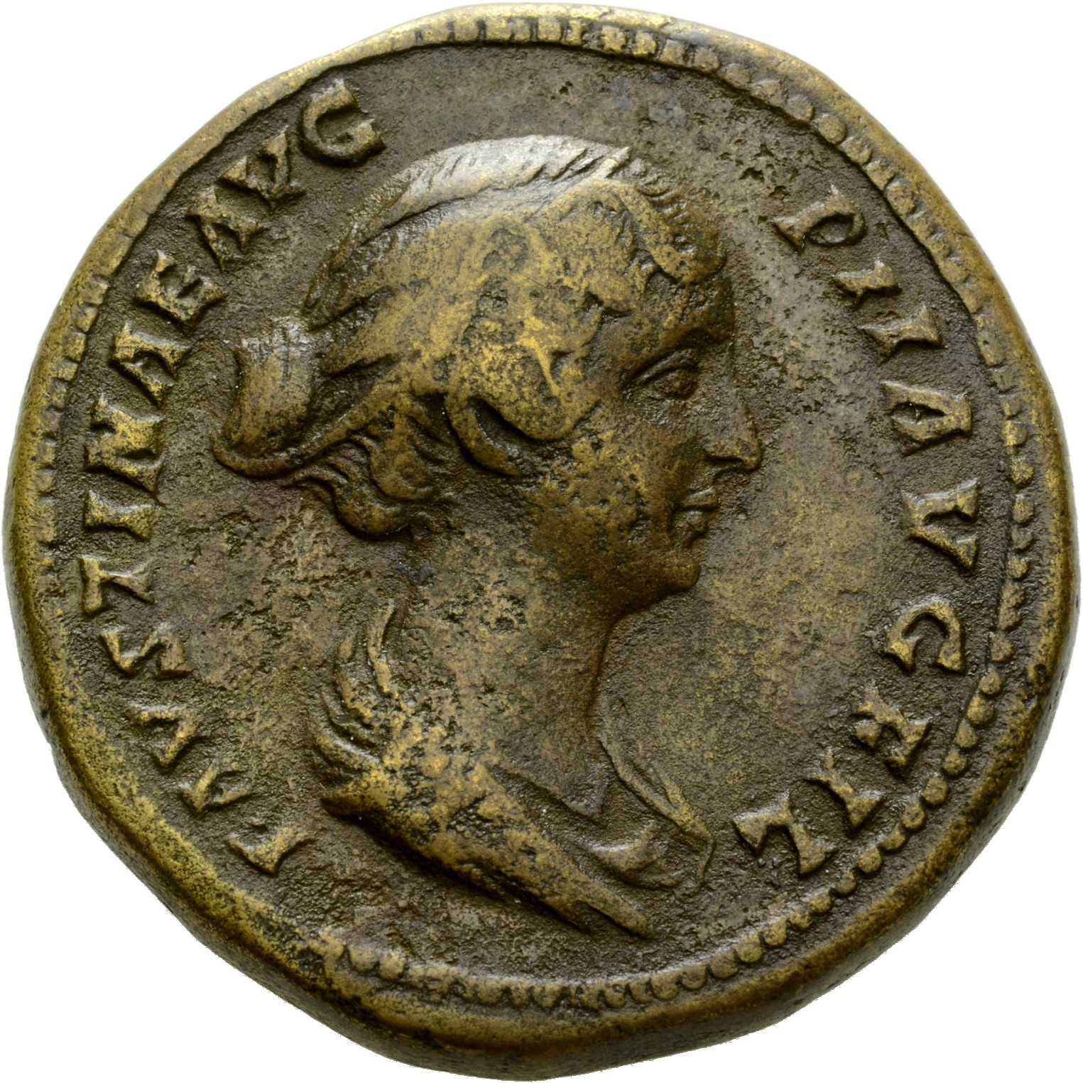 Antoninus Pius obverse — Bust of Faustina the Younger, draped, right, hair is elaborately dressed in horizontal lines with ringlets down front: it is coiled in a chignon on back of head.