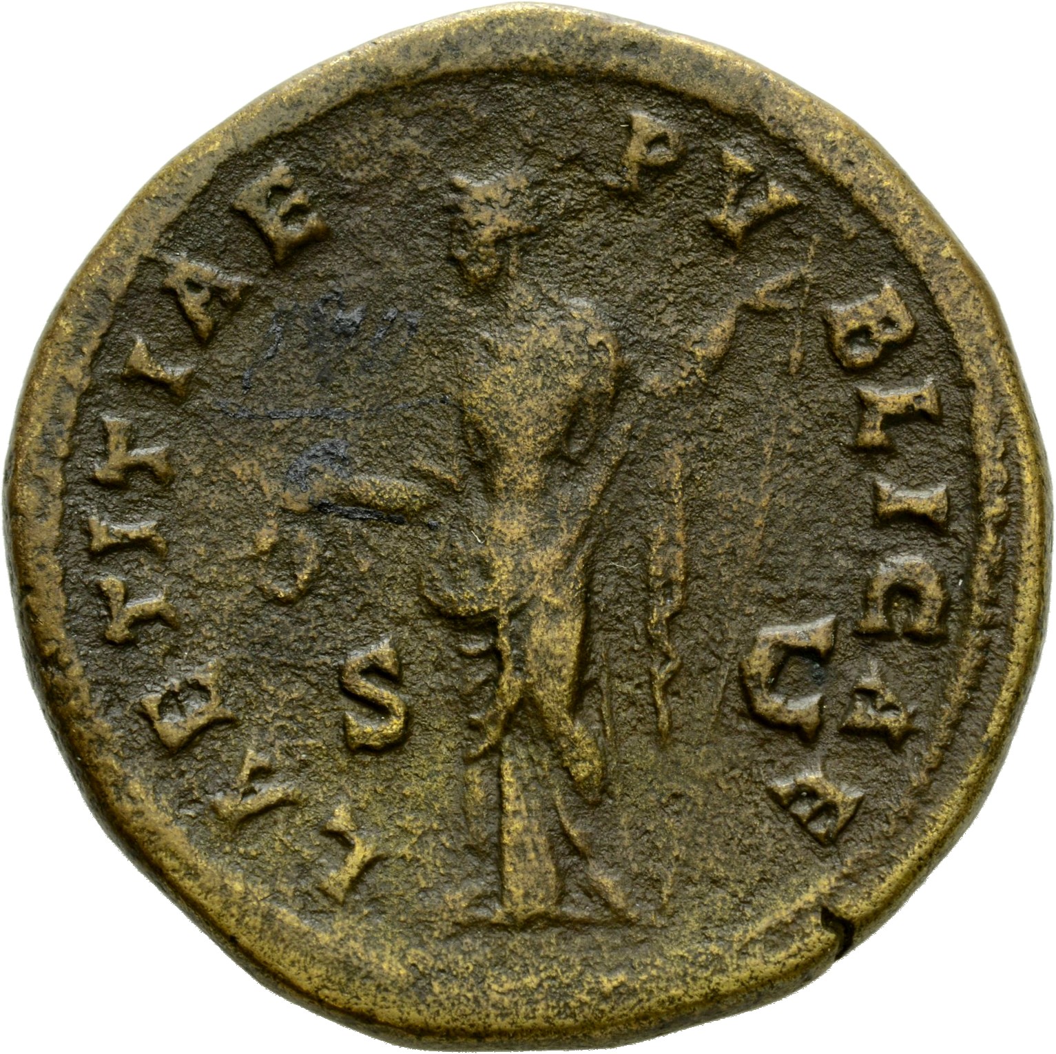 Antoninus Pius reverse — Laetitia, draped, standing, front, head left, holding wreath in extended right hand and long sceptre, nearly vertical, in left