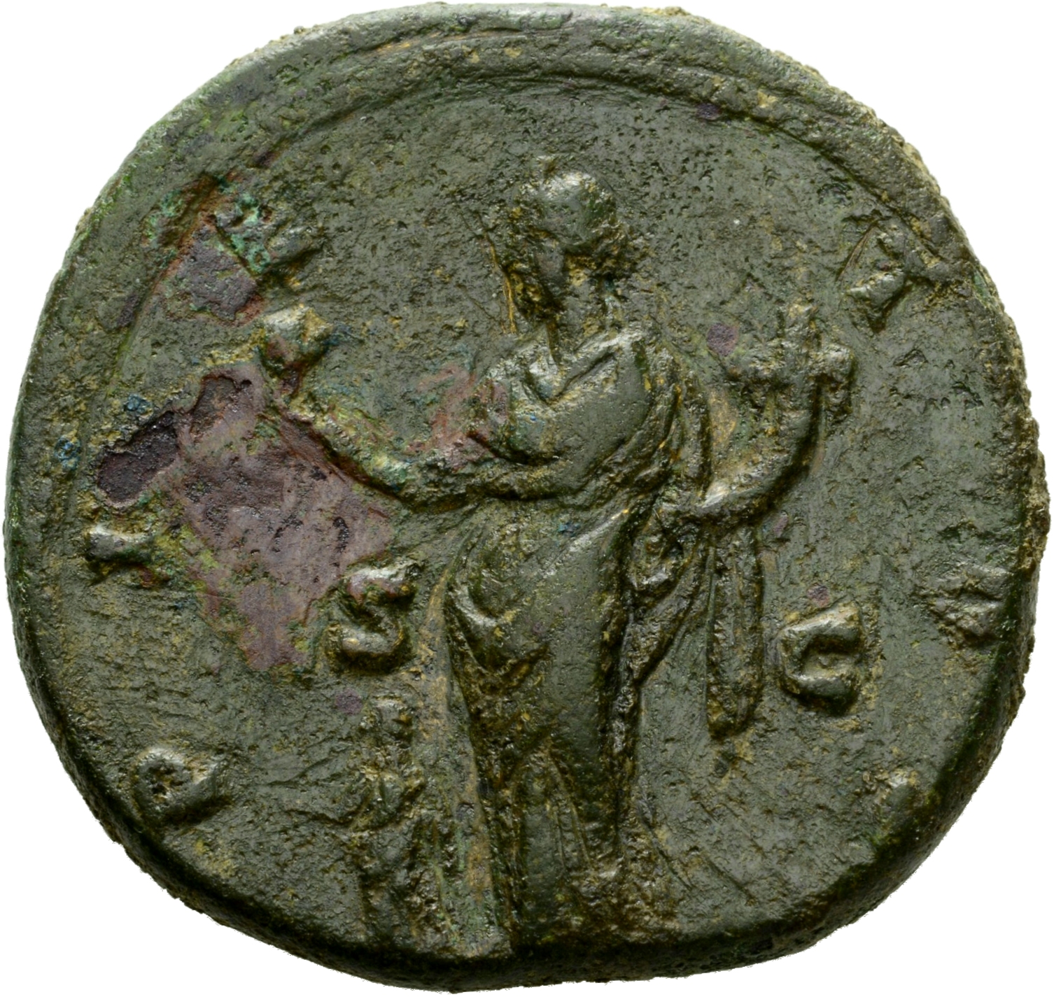 RIC III Antoninus Pius 1379 Antoninus Pius reverse, Pietas, diademed, draped, standing, front, head left, holding flower- ...