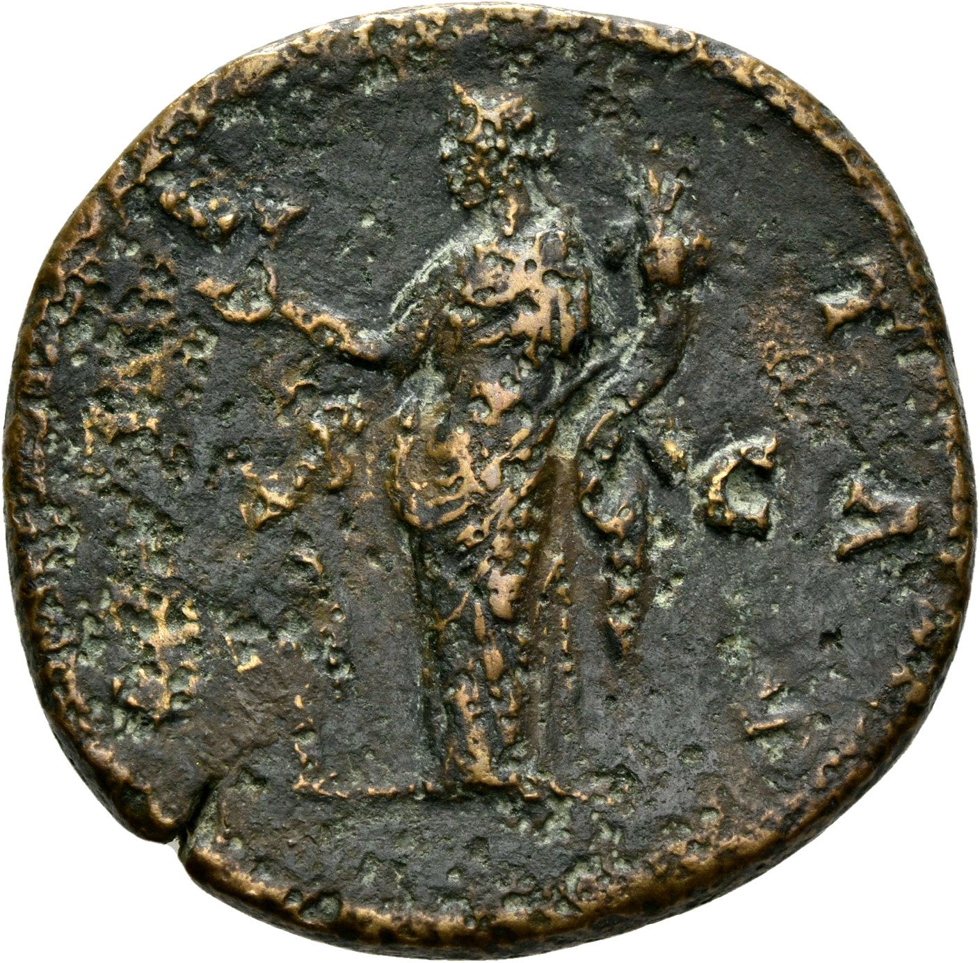 RIC III Antoninus Pius 1379 Antoninus Pius reverse, Pietas, diademed, draped, standing, front, head left, holding flower- ...