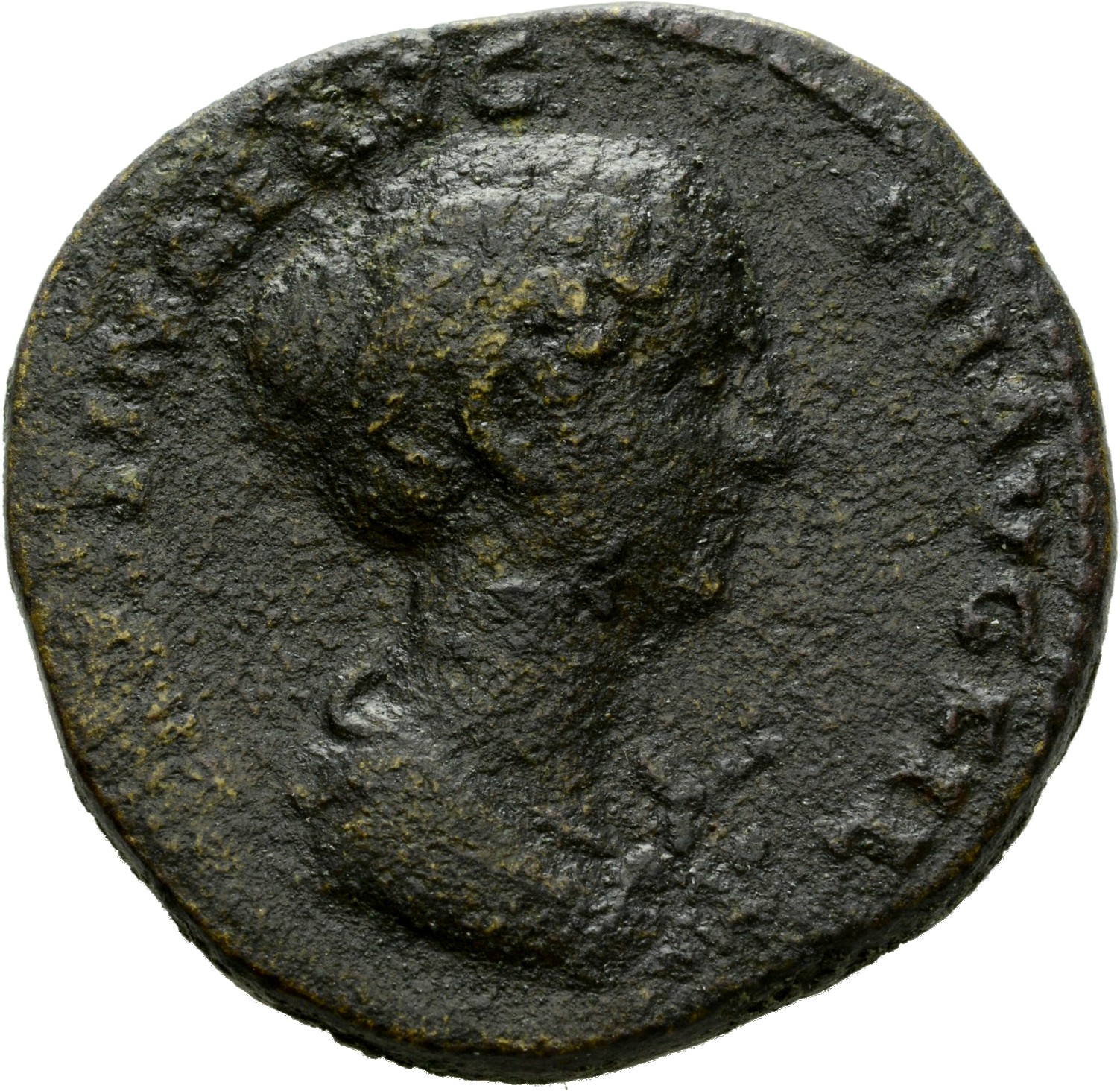 Antoninus Pius obverse — Bust of Faustina the Younger, draped, right, hair is elaborately dressed in horizontal lines with ringlets down front: it is coiled in a chignon on back of head.