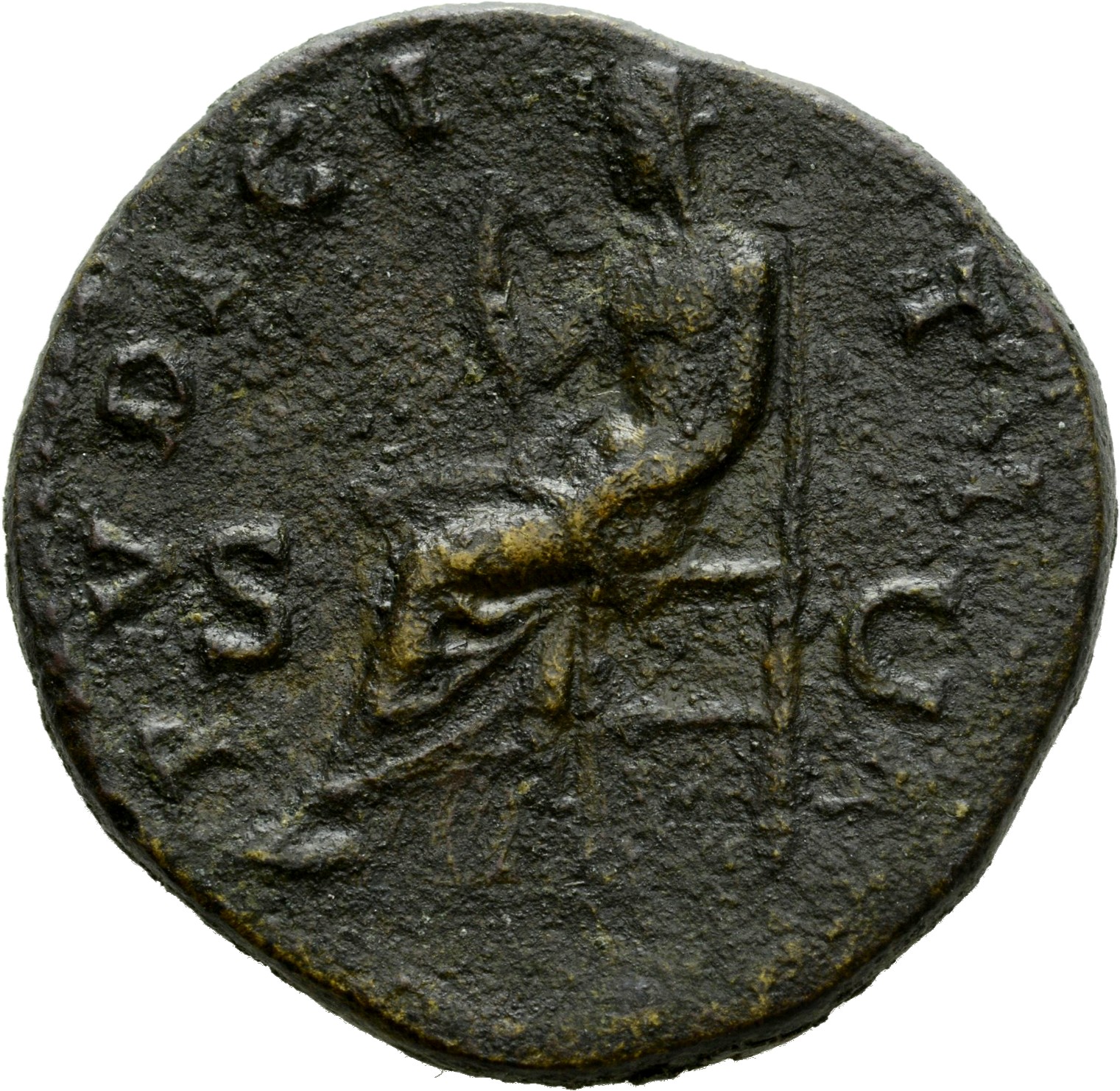 Antoninus Pius reverse — Pudicitia, veiled, draped, seated left on throne, with right hand draw- ing out veil and left hand in lap.