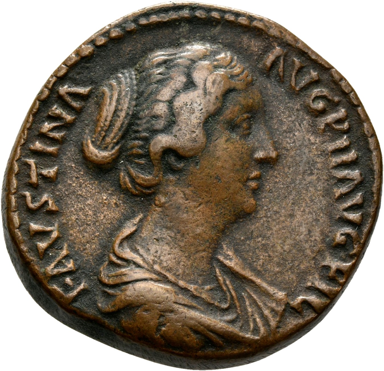 RIC III Antoninus Pius 1383b Antoninus Pius obverse, Bust of Faustina the Younger, draped, right, hair is elaborately dres...