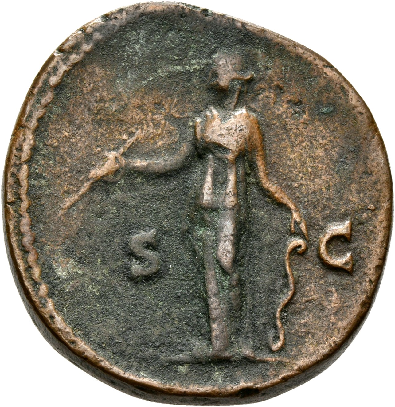 RIC III Antoninus Pius 1383b Antoninus Pius reverse, Diana, draped, standing front, head left, holding out arrow in right ...