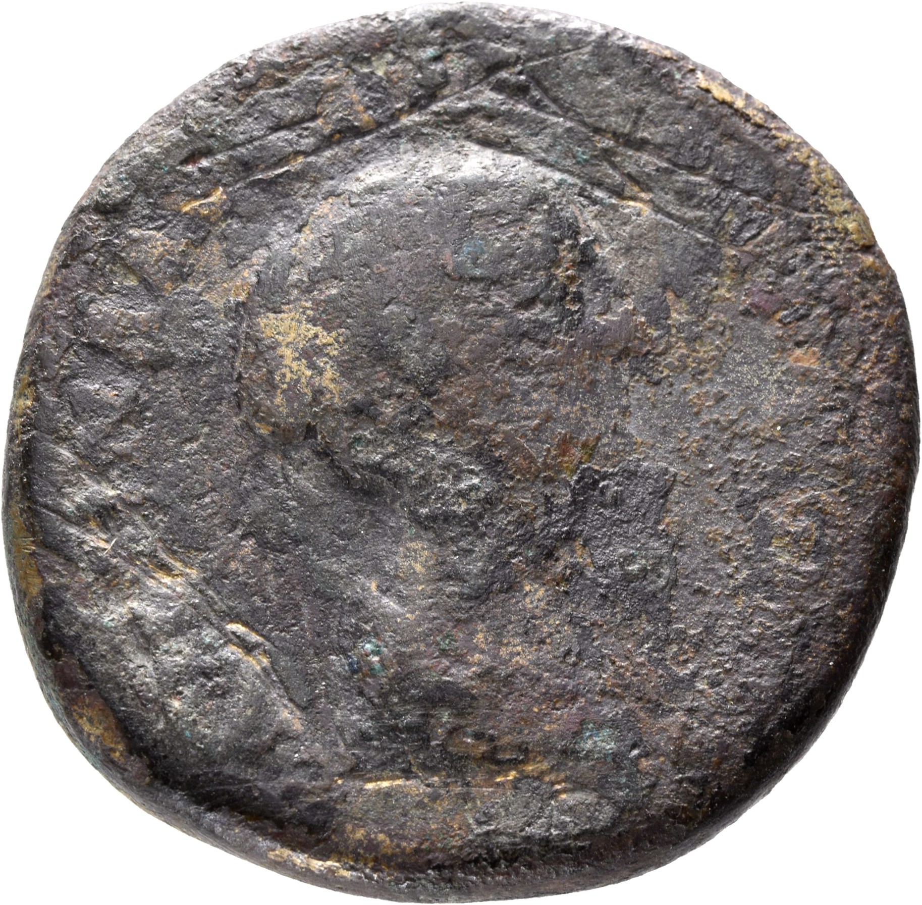 Antoninus Pius obverse — Bust of Faustina the Younger, draped, right, hair is elaborately dressed in horizontal lines with ringlets down front: it is coiled in a chignon on back of head.