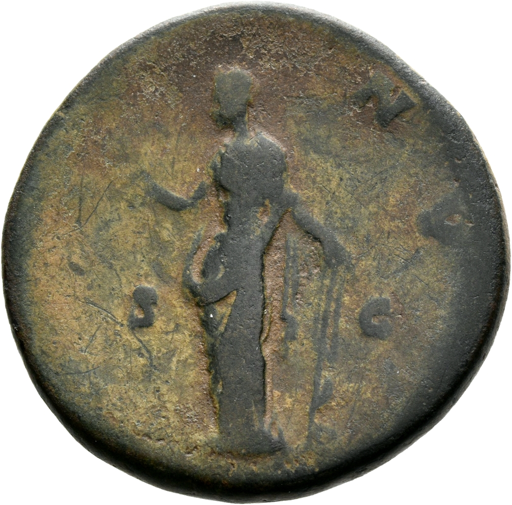 RIC III Antoninus Pius 1388B Antoninus Pius reverse, Venus, draped, standing, front, head left, holding up apple in extend...