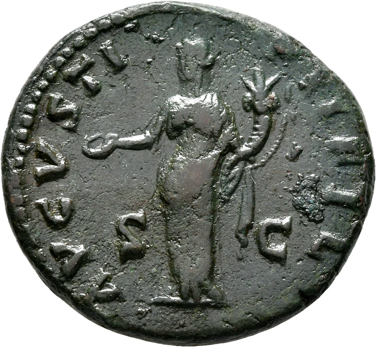 RIC III Antoninus Pius 1390 (as) Antoninus Pius reverse, Concordia, standing left, holding patera and cornucopiae