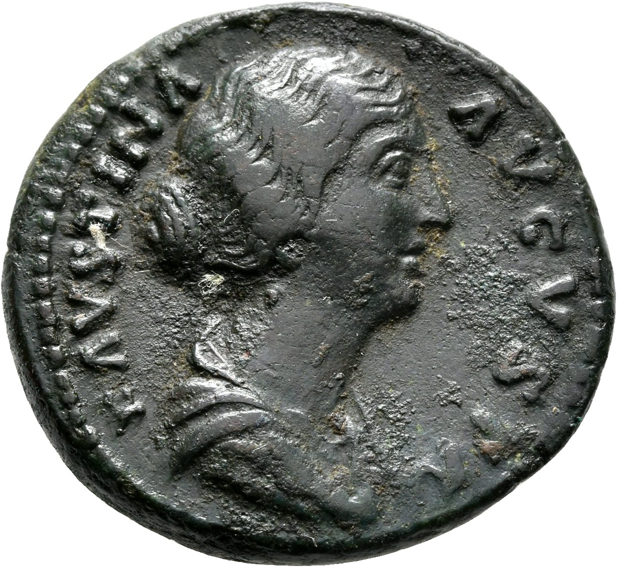 RIC III Antoninus Pius 1390 (as) Antoninus Pius obverse, Bust of Faustina the Younger, draped, right, hair is elaborately ...