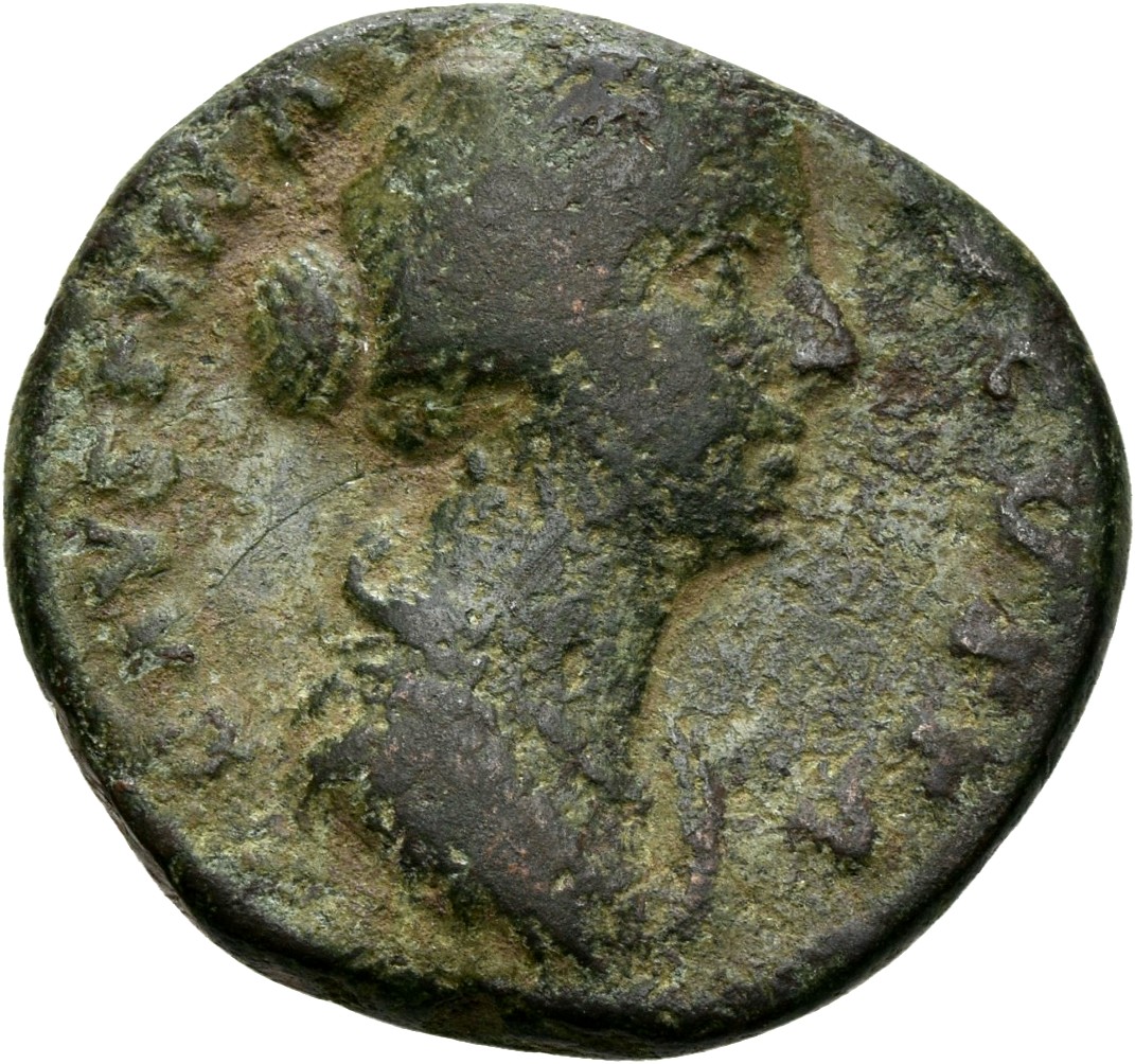 RIC III Antoninus Pius 1390 (as) Antoninus Pius obverse, Bust of Faustina the Younger, draped, right, hair is elaborately ...