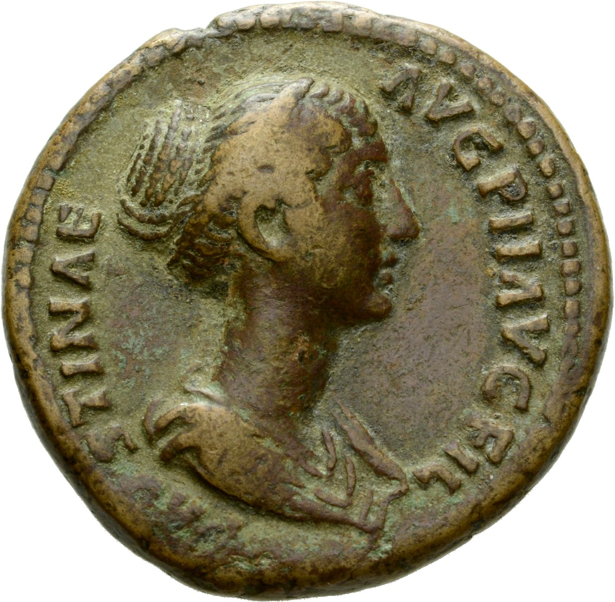 Antoninus Pius obverse — Bust of Faustina the Younger, draped, right, hair is elaborately dressed in horizontal lines with ringlets down front: it is coiled in a chignon on back of head.