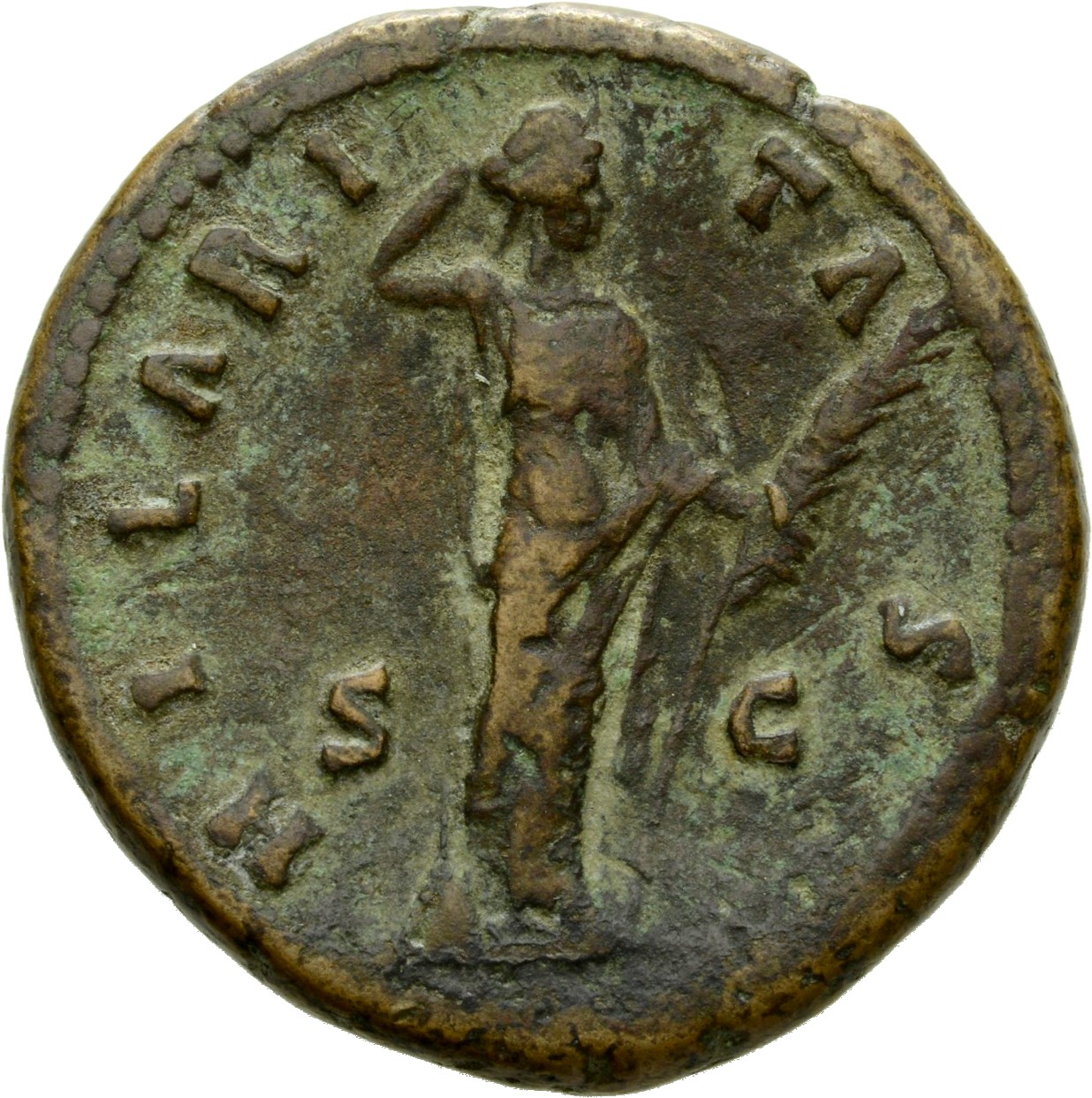 Antoninus Pius reverse — Hilaritas, standing right, adjusting veil and holding long palm