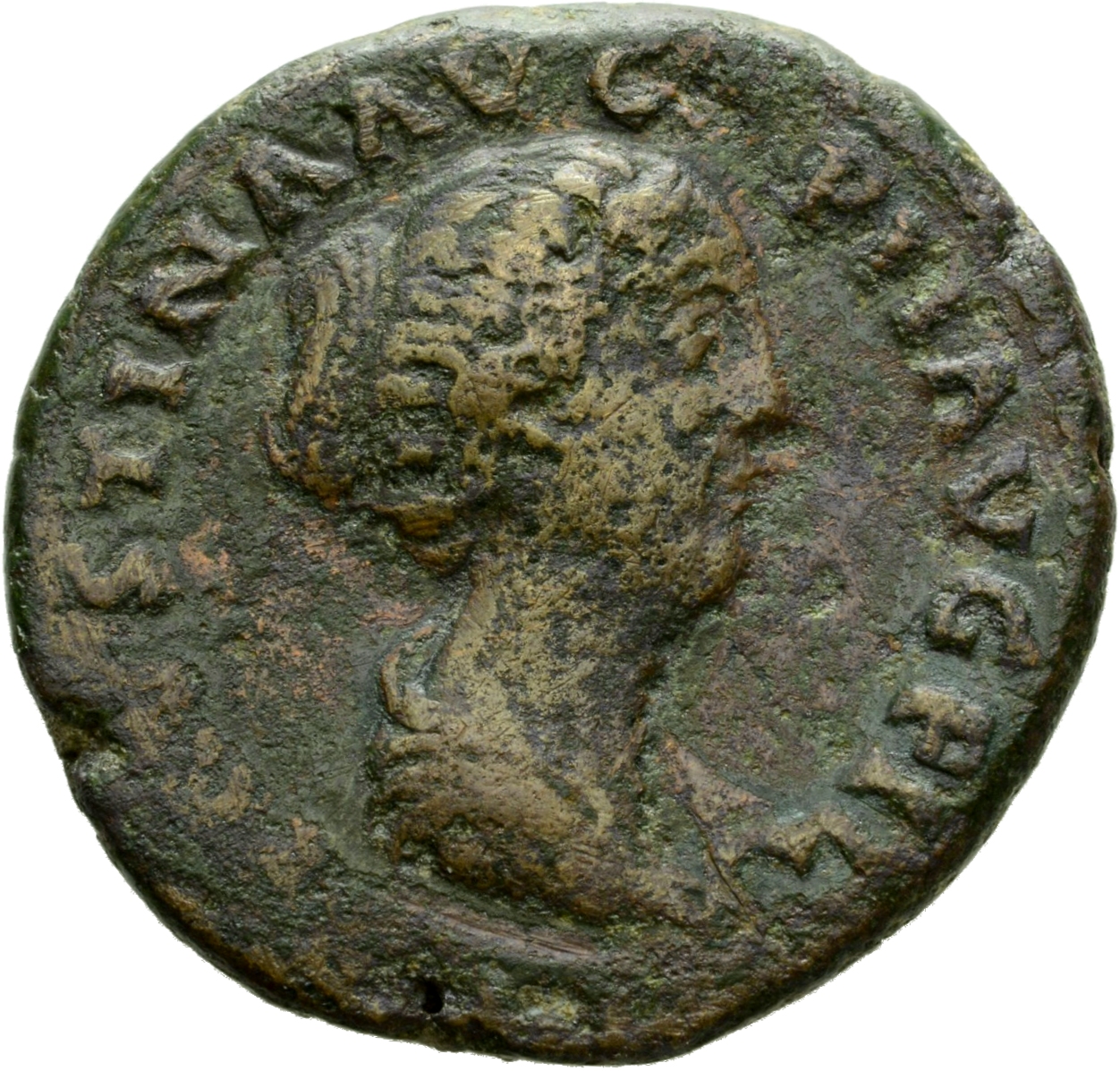 Antoninus Pius obverse — Bust of Faustina the Younger, draped, right, hair is elaborately dressed in horizontal lines with ringlets down front: it is coiled in a chignon on back of head.