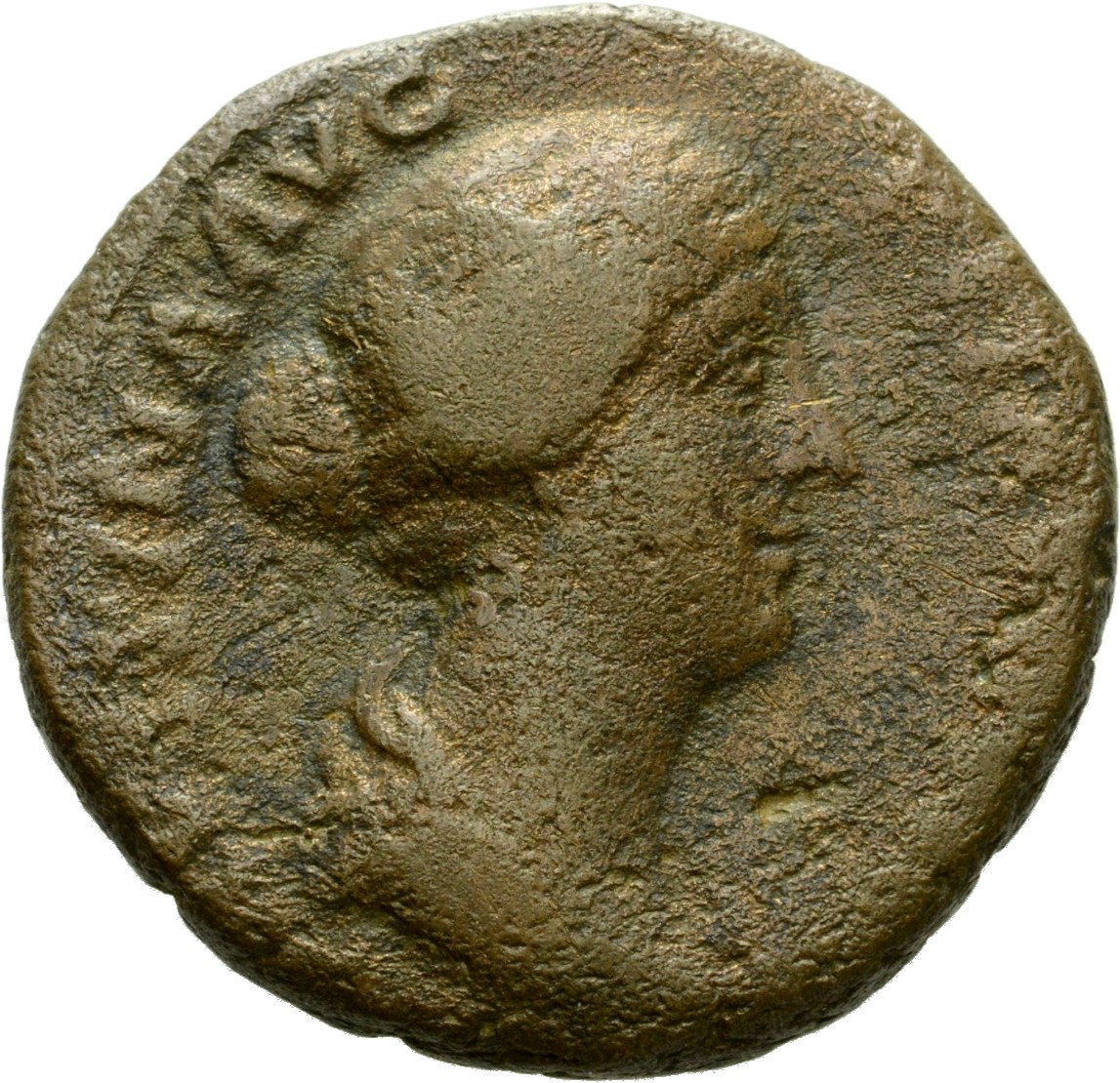 Antoninus Pius obverse — Bust of Faustina the Younger, draped, right, hair is elaborately dressed in horizontal lines with ringlets down front: it is coiled in a chignon on back of head.