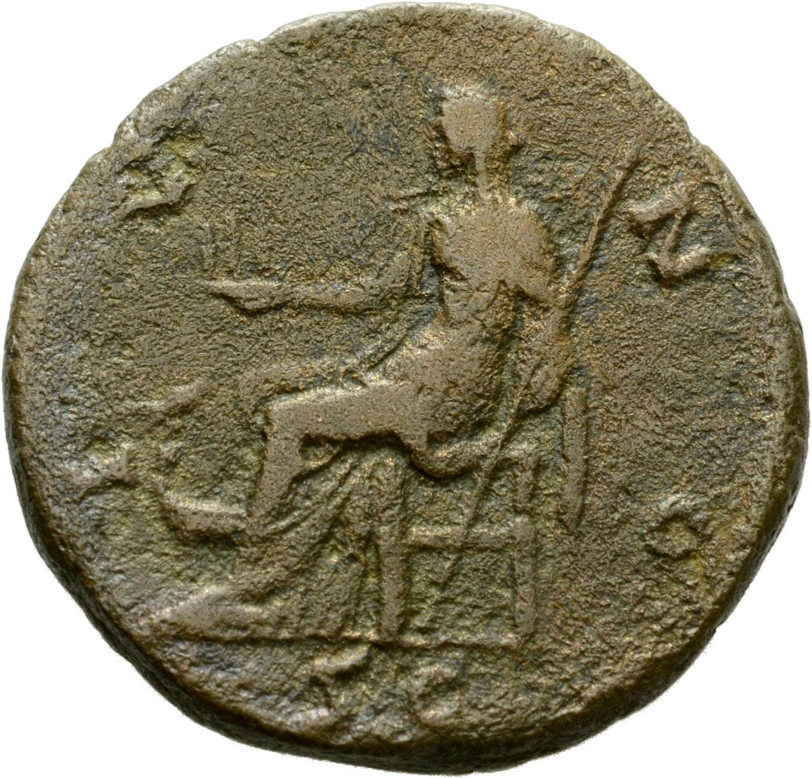 Antoninus Pius reverse — Juno, seated left, holding the three Graces and sceptre; at feet, peacock