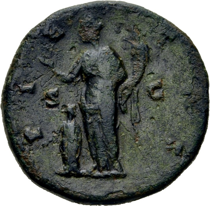 RIC III Antoninus Pius 1402 (as) Antoninus Pius reverse, Pietas, diademed, draped, standing, front, head left, holding flo...