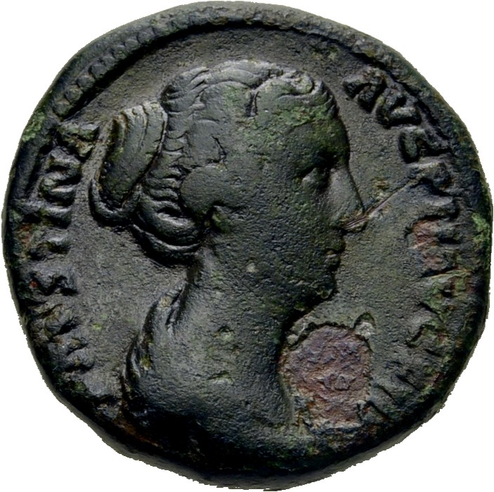 RIC III Antoninus Pius 1402 (as) Antoninus Pius obverse, Bust of Faustina the Younger, draped, right, hair is elaborately ...