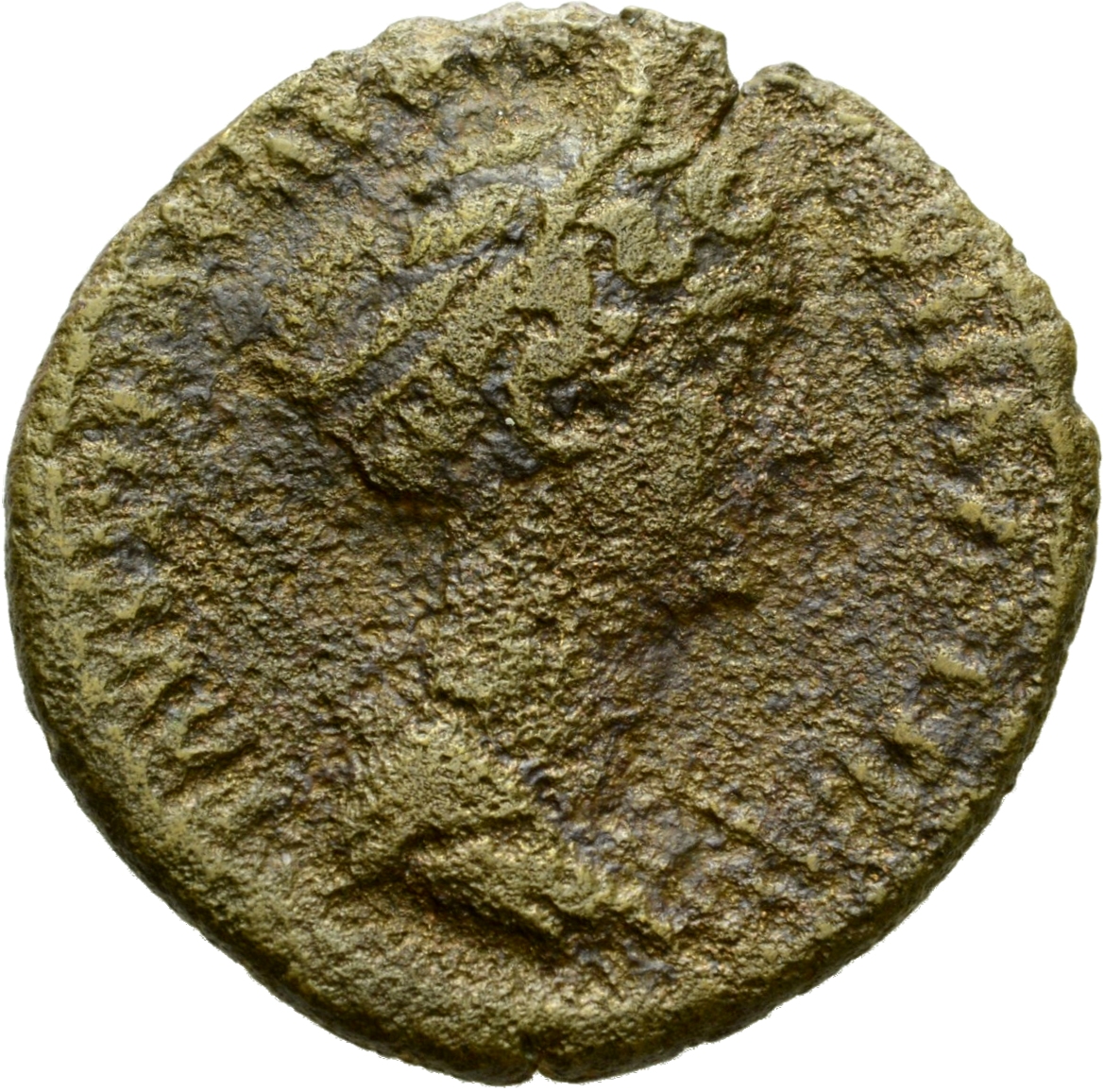 Antoninus Pius obverse — Bust of Faustina the Younger, draped, right, hair is elaborately dressed in horizontal lines with ringlets down front: it is coiled in a chignon on back of head.