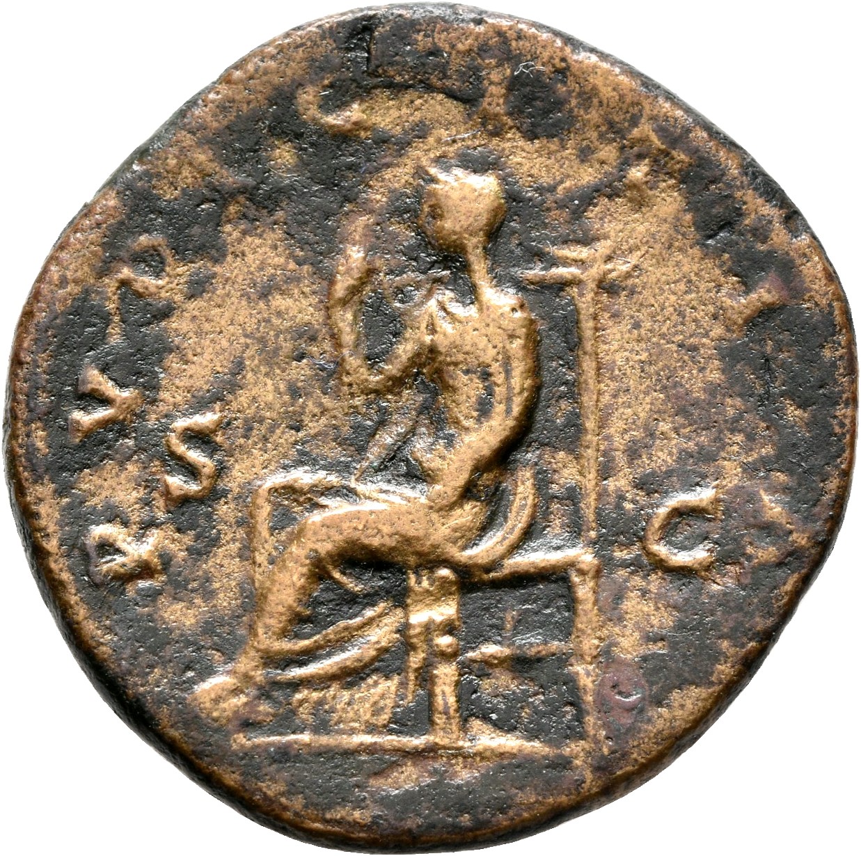 RIC III Antoninus Pius 1404B (as) Antoninus Pius reverse, Pudicitia, veiled, draped, seated left, with right hand drawing ...