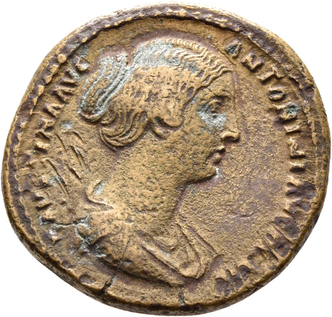RIC III Antoninus Pius 1408 (as) Antoninus Pius obverse, Bust of Faustina the Younger, draped, right, hair is elaborately ...