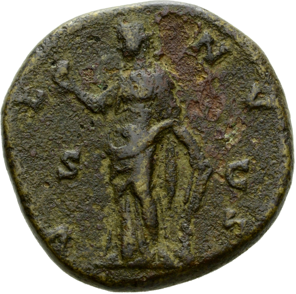 Antoninus Pius reverse — Venus, draped, standing, front, head left, holding apple on extended right hand and resting left on rudder set on ground, round which a dolphin coils.