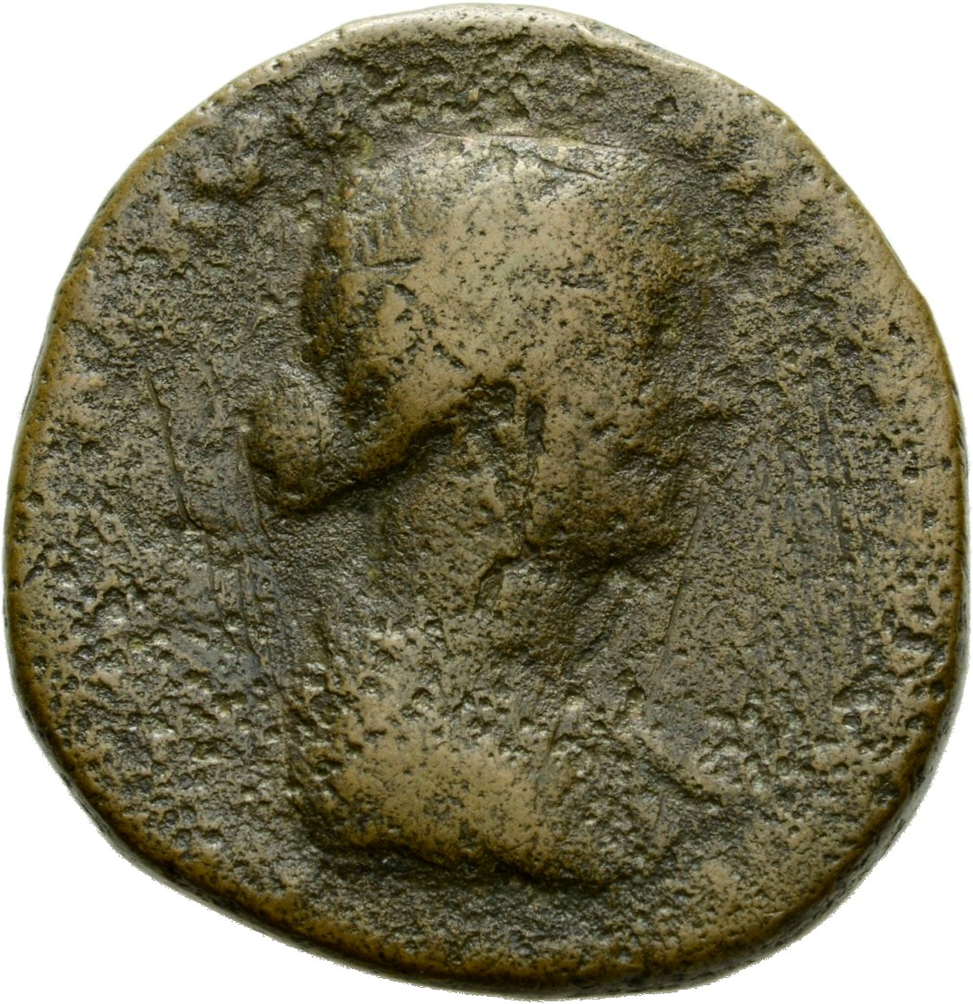 Antoninus Pius obverse — Bust of Faustina the Younger, draped, right, hair is elaborately dressed in horizontal lines with ringlets down front: it is coiled in a chignon on back of head.
