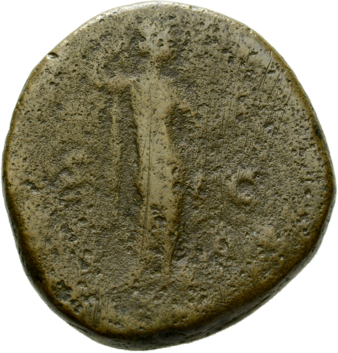 Antoninus Pius reverse — Venus, veiled, draped, standing front, head right, with right hand drawing veil from head and holding apple up in left