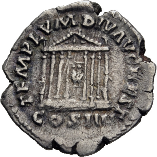 RIC III Antoninus Pius 144 Antoninus Pius reverse, Front view of octastyle temple, containing statues of Divus Augustus an...