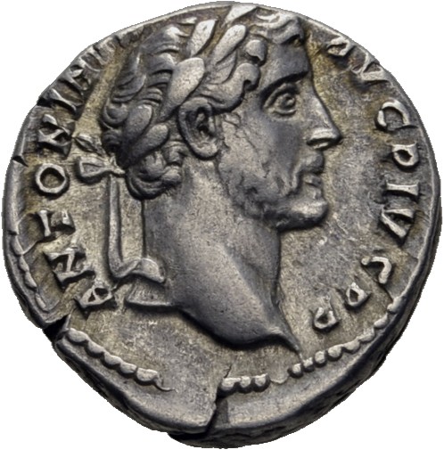 RIC III Antoninus Pius 155 (denarius) Antoninus Pius obverse, Head of Antoninus Pius, laureate, right