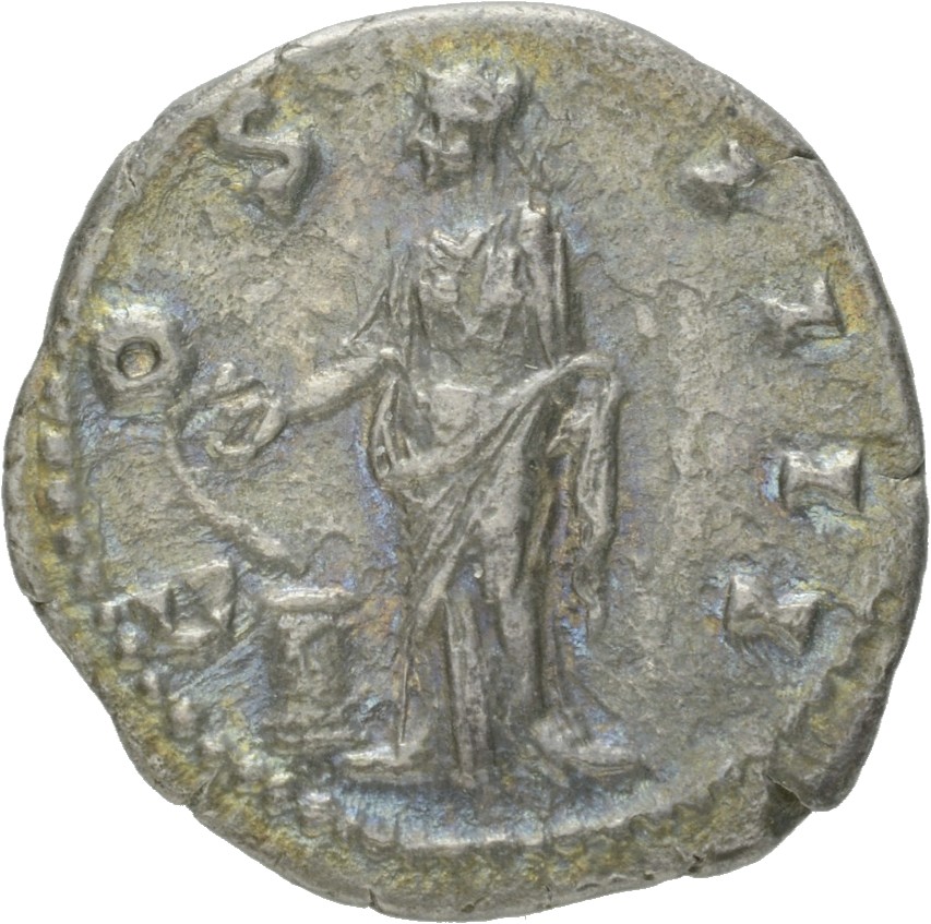 RIC III Antoninus Pius 166 Antoninus Pius reverse, Salus, draped, standing left, holding patera in right hand and feeding ...