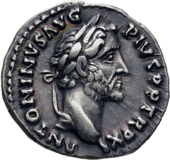 RIC III Antoninus Pius 167 (denarius) Antoninus Pius obverse, Head of Antoninus Pius, laureate, right