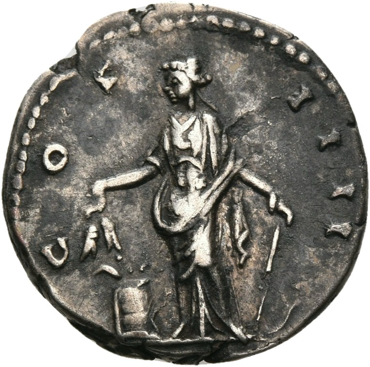RIC III Antoninus Pius 175 Antoninus Pius reverse, Annona, draped, standing left, holding two corn-ears in right hand over...