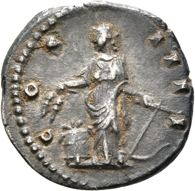 RIC III Antoninus Pius 175 Antoninus Pius reverse, Annona, draped, standing left, holding two corn-ears in right hand over...