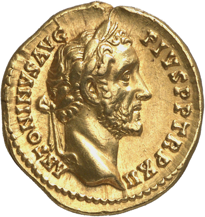 RIC III Antoninus Pius 177d (aureus) Antoninus Pius obverse, Head of Antoninus Pius, laureate, right