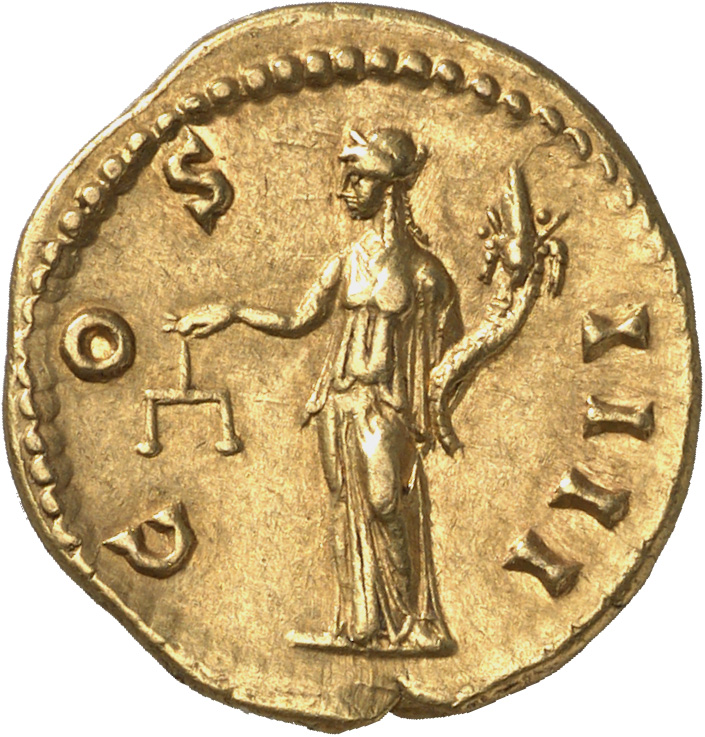 RIC III Antoninus Pius 177d (aureus) Antoninus Pius reverse, Aequitas, draped, standing left, holding scales out in right ...