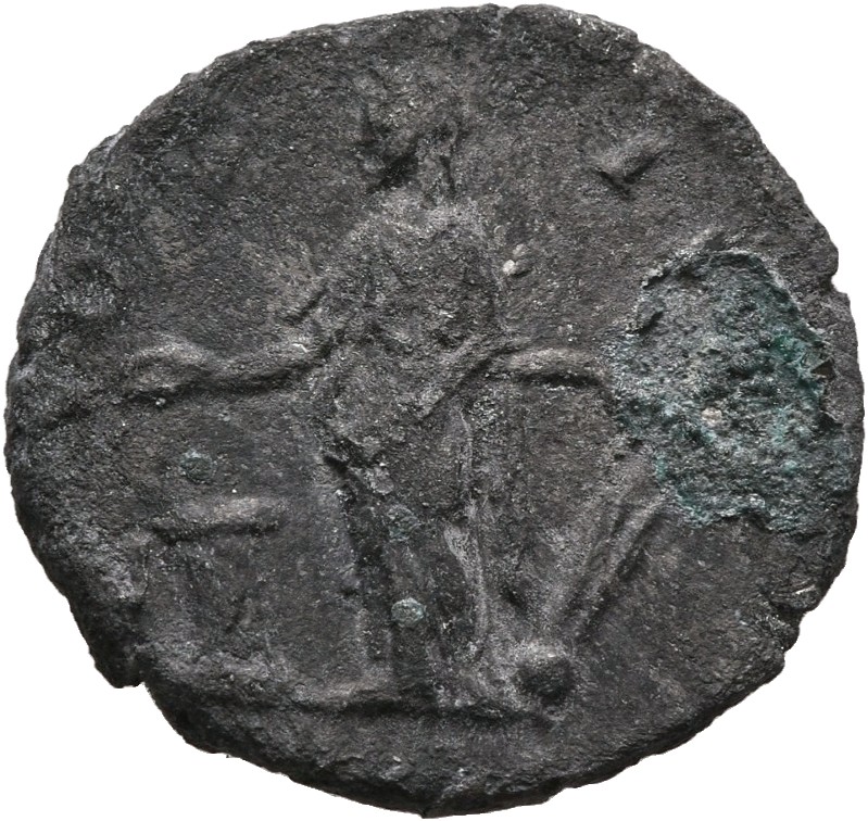 Antoninus Pius reverse — Salus, draped, standing left, with patera in right hand feeding snake coiled round altar and holding rudder on globe in left