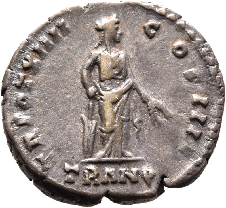 RIC III Antoninus Pius 202b Antoninus Pius reverse, Tranquilitas, draped, standing right, resting right hand on rudder set...