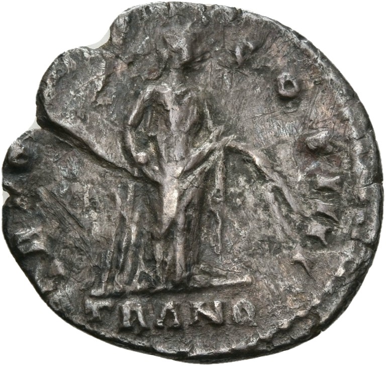 RIC III Antoninus Pius 202b Antoninus Pius reverse, Tranquilitas, draped, standing right, resting right hand on rudder set...
