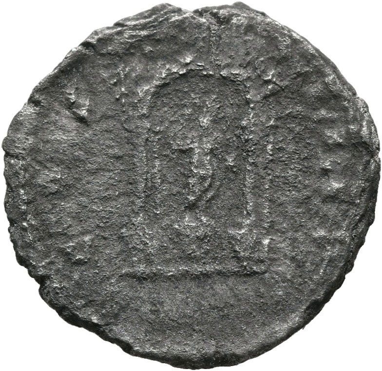 RIC III Antoninus Pius 227 Antoninus Pius reverse, Tetrastyle shrine with semi-circular arch, in which male figure stands ...