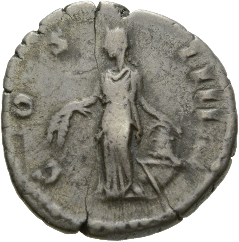 Antoninus Pius reverse — Annona, draped, standing left, holding two corn-ears downwards in right hand and setting left on modius set on prow, right