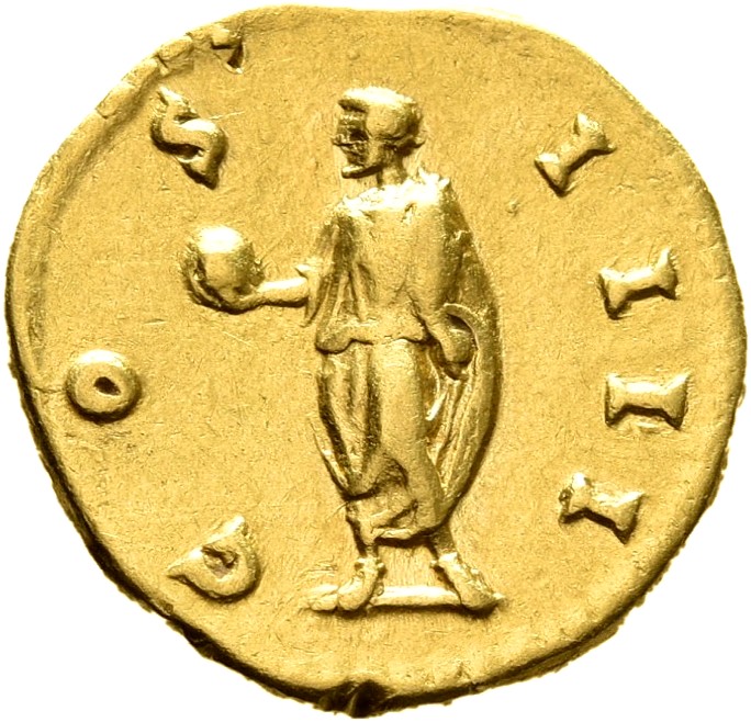 RIC III Antoninus Pius 233A Antoninus Pius reverse, Antoninus, togate, standing left, holding globe in righ hand, left arm...